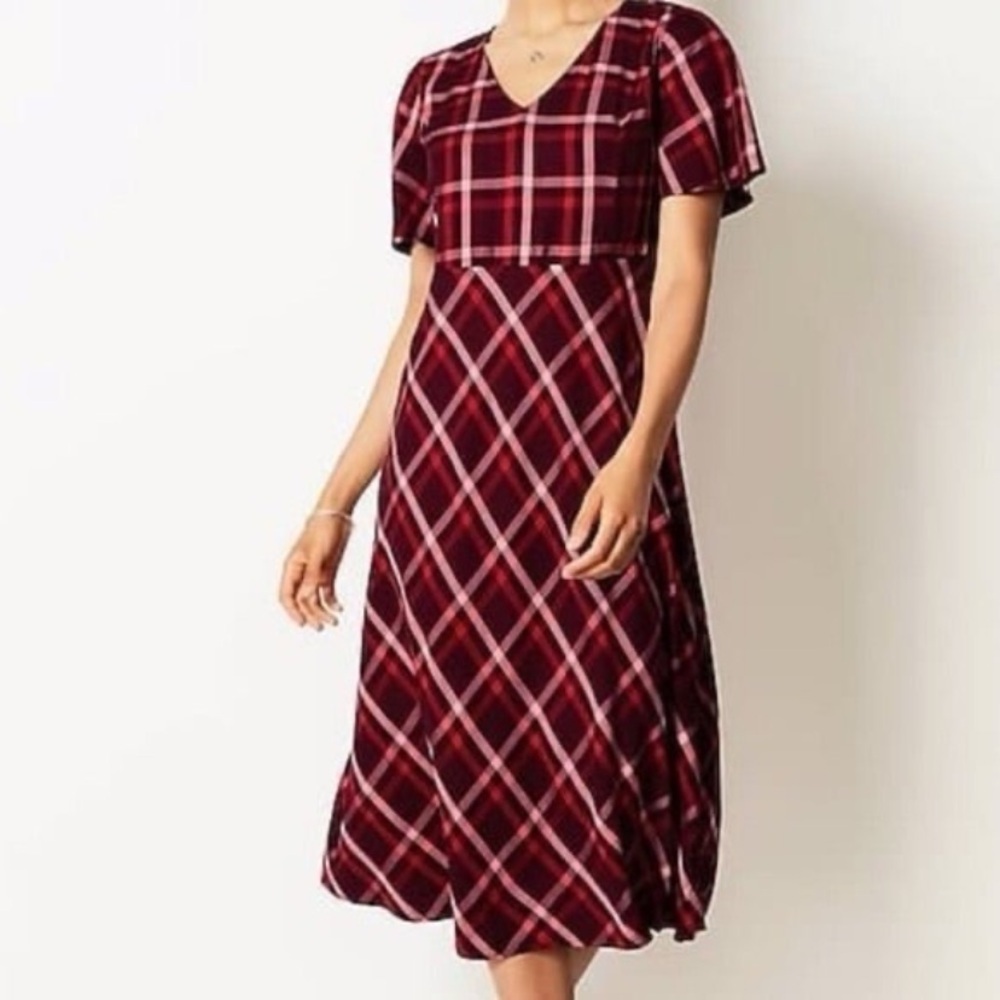 J.Jill Red Plaid Empire Waist Short Sleeve High Low Midi Dress Small